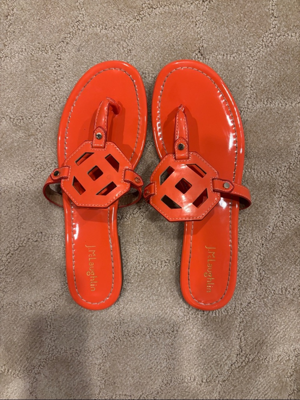 J. McLaughlin Bright Orange Patent Leather Cutout Thong Sandals